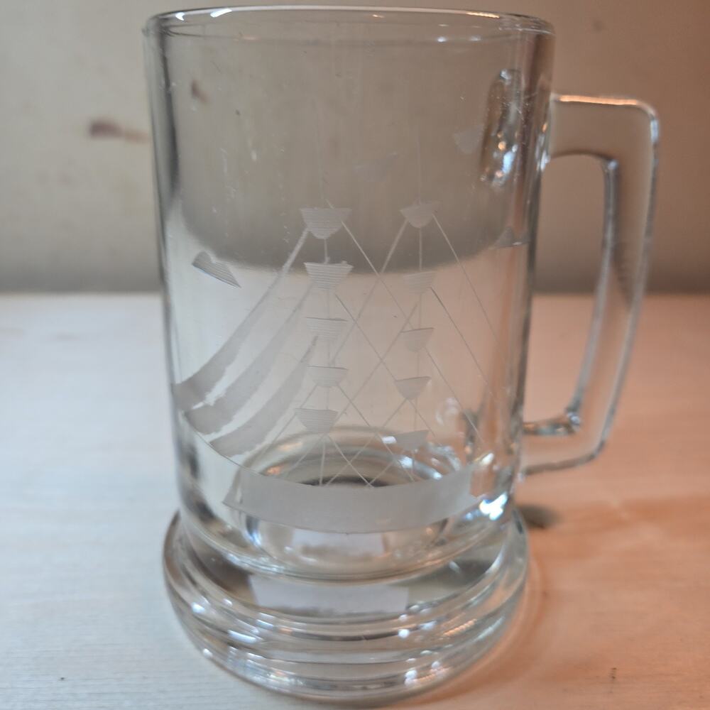 Clipper Ship Etched Glass Beer Mug Tankard 14oz Vintage Nautical Barware 5.25"